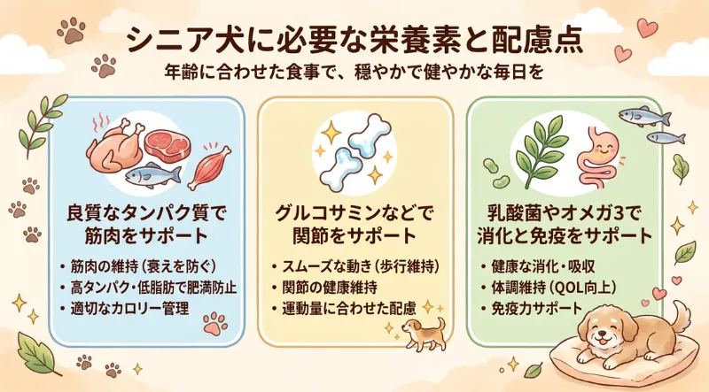 シニア犬に必要な栄養素と配慮点（タンパク質・グルコサミン・乳酸菌など）をまとめた図解イラスト