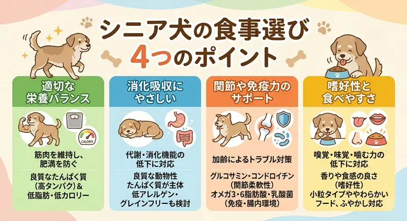 シニア犬の食事選び 4つのポイント（適切な栄養バランス、消化吸収にやさしい、関節や免疫力のサポート、嗜好性と食べやすさ）を解説する図解イラスト