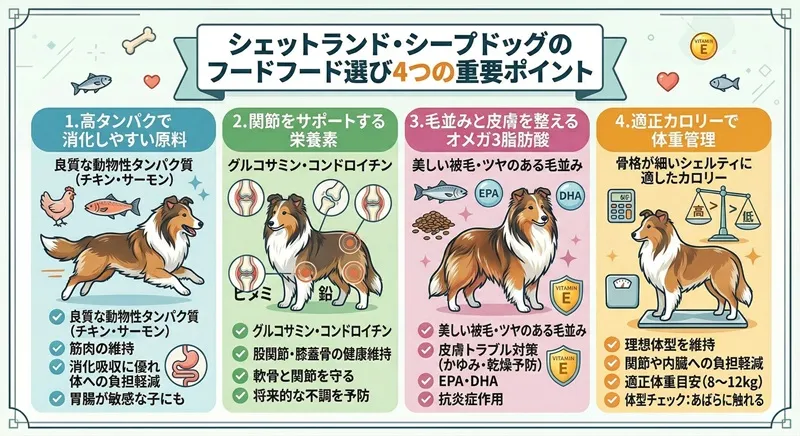シェルティ向けドッグフード選びの4つのポイント（消化・関節・皮膚被毛・体重管理）をまとめた図解イラスト