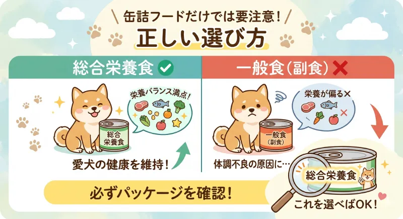缶詰ドッグフードの「総合栄養食」と「一般食（副食）」の違いを、柴犬のイラストで分かりやすく比較した解説図。