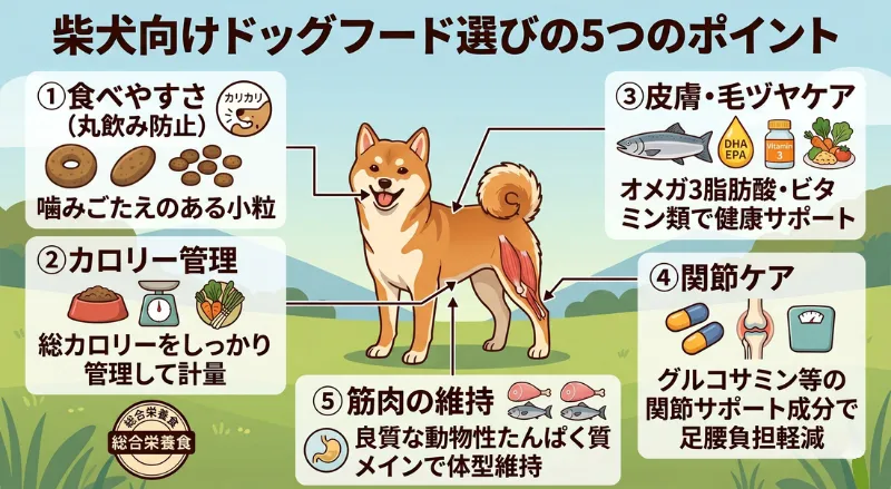 柴犬向けドッグフードの選び方5つのポイント(丸飲み防止、カロリー管理、皮膚・毛ヅヤケア、関節ケア、筋肉の維持)を解説した横長の図解イラスト