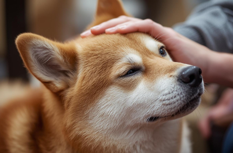 去勢・避妊手術後に飼い主の手で優しく撫でられ、安心した表情で過ごす柴犬