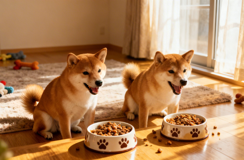 2匹の柴犬が並んで、ドッグフードを食べようとしている写真。