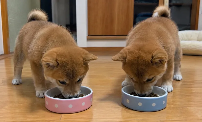 ドッグフードを一生懸命に食べるパピー期の柴犬ムギとザネ