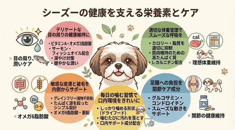 シーズーの健康を支える栄養素とケア方法（目の周り、皮膚・被毛、体重管理、関節、口内環境）をまとめた図解イラスト