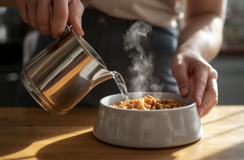 ぬるま湯で柔らかくふやかした子犬用のドッグフード