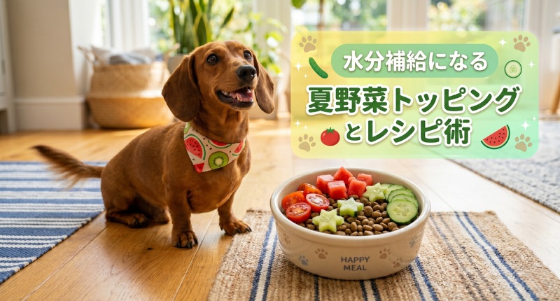 「水分補給になる夏野菜トッピングとレシピ術」という文字と、トマトやきゅうり、スイカが乗ったご飯を嬉しそうに待つダックスフンド。