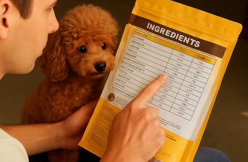 愛犬のトイプードルのためにドッグフードのパッケージ裏にある原材料や成分表を指差してチェックする飼い主の様子