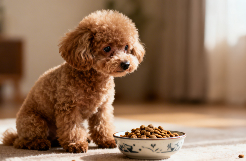 お皿に盛られたドッグフードを食べようとしないトイプードル