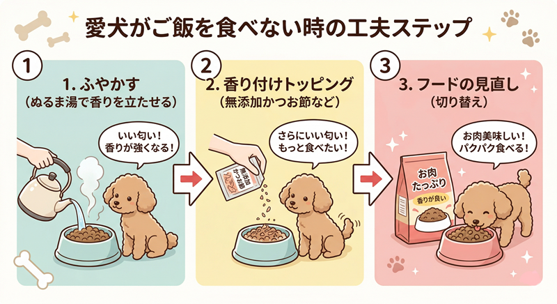 ご飯を食べない愛犬への3つの工夫ステップ（ふやかす、香り付けトッピング、フードの見直し）を、トイプードルのイラストで解説する図解。