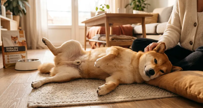 お腹の調子が良くへそ天でリラックスする柴犬とドッグフード