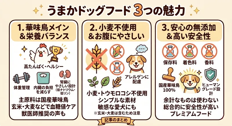 うまかドッグフードの魅力まとめ図解（華味鳥メイン・小麦不使用・無添加）