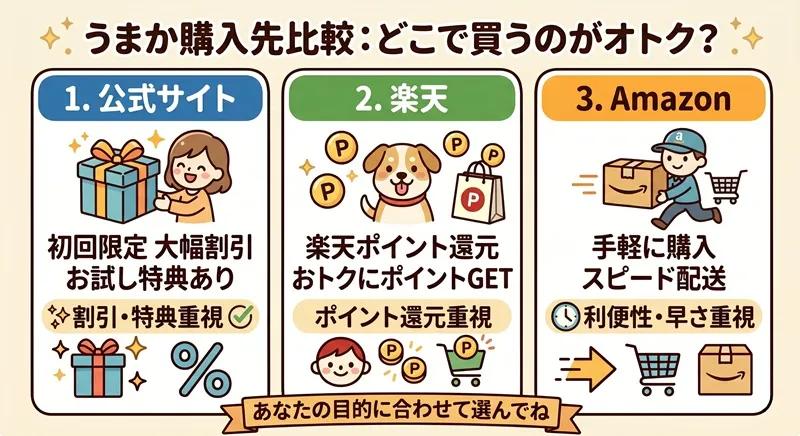 うまかドッグフードの購入先比較（公式サイト・楽天・Amazon）
