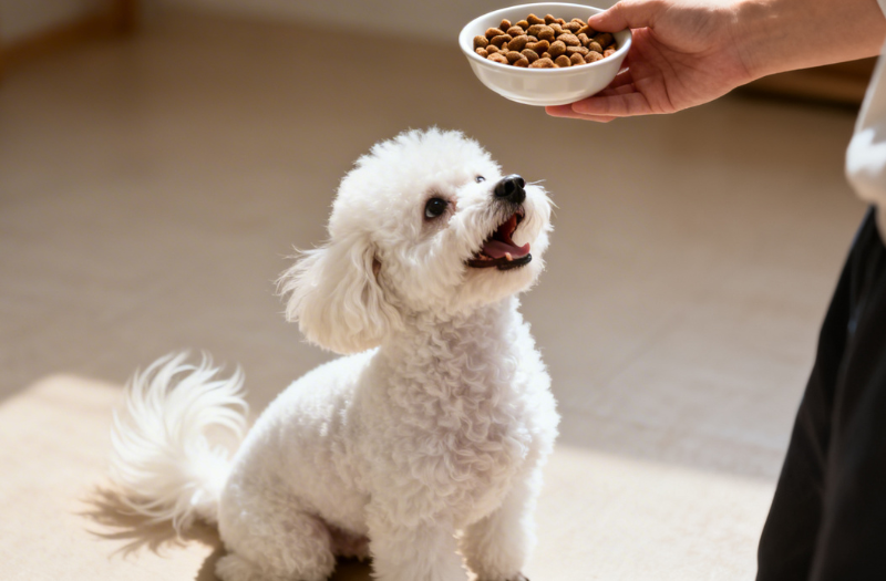 飼い主が手にするお皿のドッグフードを笑顔で嬉しそうに待つ白いトイプードル