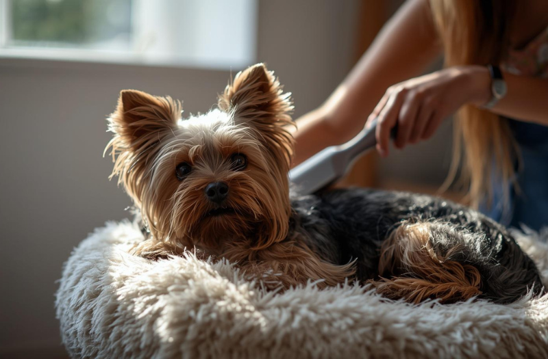 美しい被毛を丁寧にブラッシングされているヨークシャーテリア