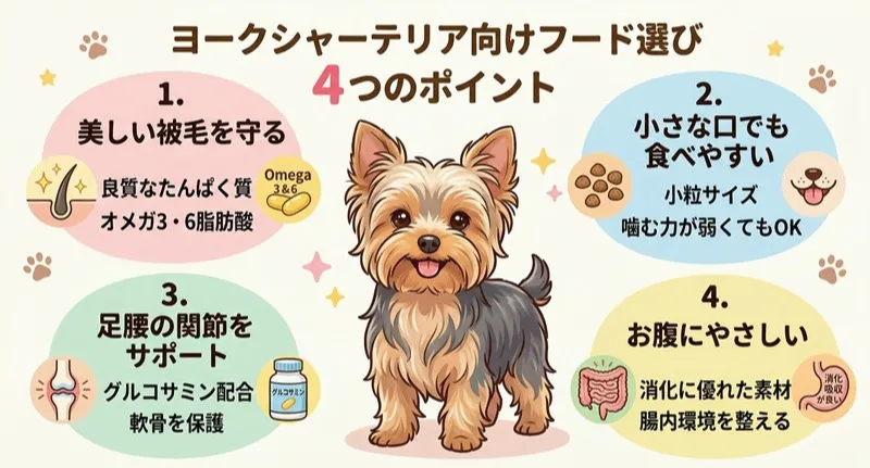 ヨークシャーテリアのドッグフードの選び方をまとめた図解イラスト。中心にヨークシャーテリアのイラストを配置し、周囲に「美しい被毛ケア」「食べやすさ(小粒)」「関節サポート」「消化ケア」の4つの重要な選択基準を、具体的な成分や特徴とともに分かりやすく整理している。