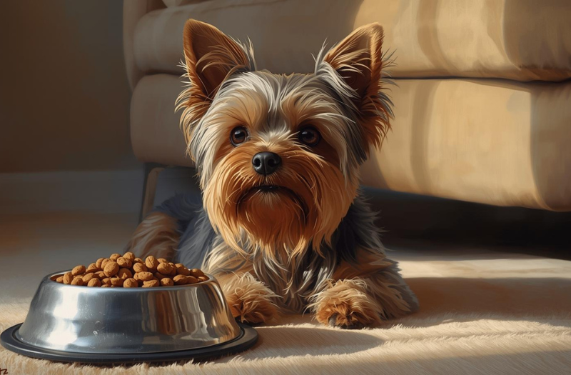 小粒のドッグフードが入った食器の前に座るヨークシャーテリア